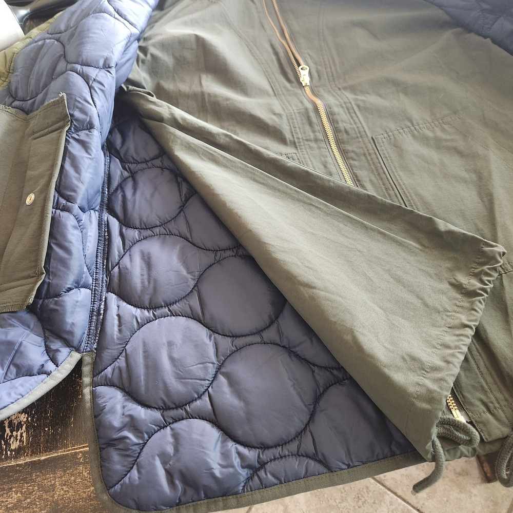J.Crew Military Liner Inspired Quilted Puffer Hooded Size XS Olive Green Layered - Picture 12 of 16